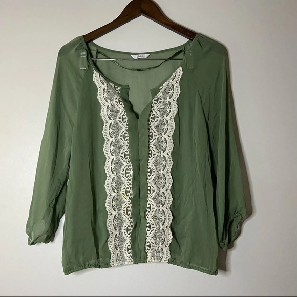 Sheer Lace Top Embroidered Blouse Gathered Long Sleeve Size Large - Picture 9 of 9